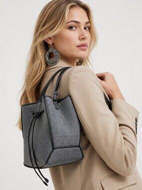 Brunello Cucinelli Duo Bucket Bag Gray Virgin Wool Monili New Tag $2,700